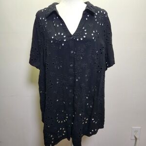 Torrid Black Eyelet Button Front Tunic Top 4X Short Sleeve V-neck Coastal Beach